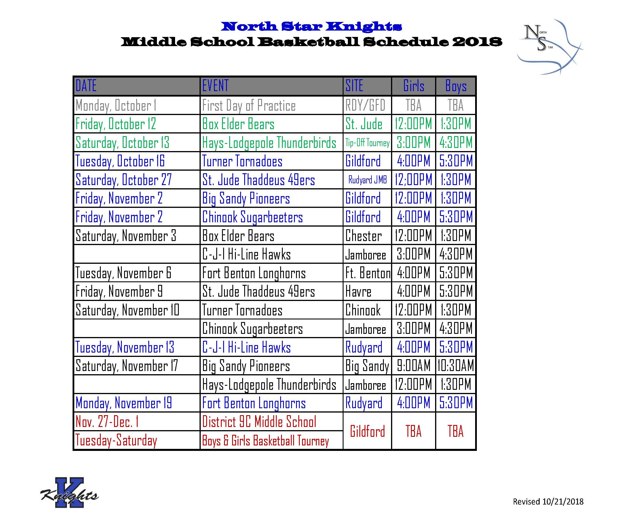 2018 junior high basketball schedule